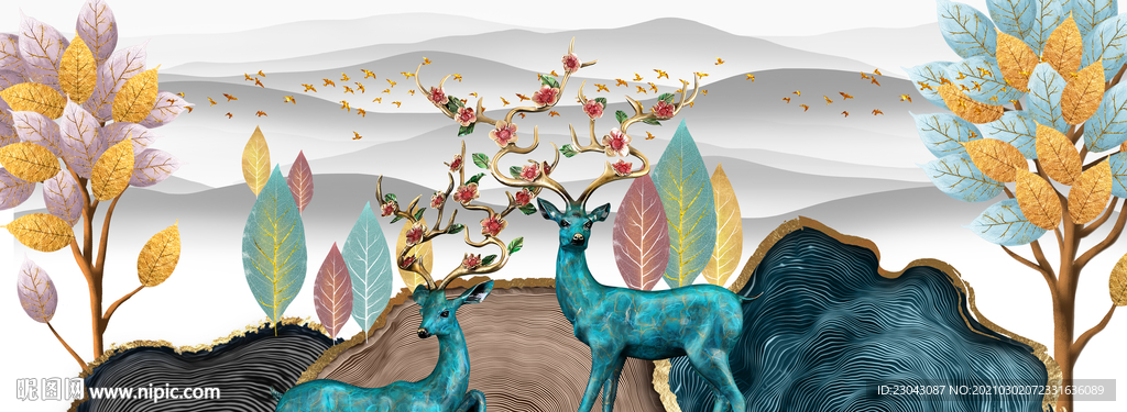 中式山水麋鹿发财树