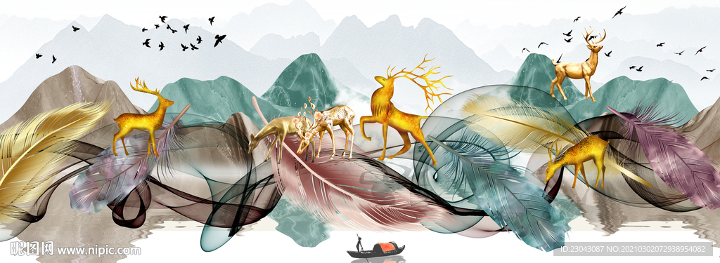 麋鹿山水画