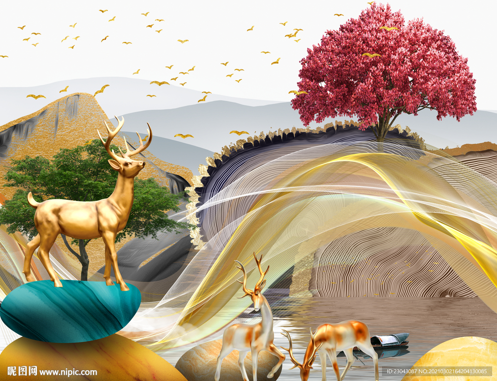 麋鹿山水装饰画