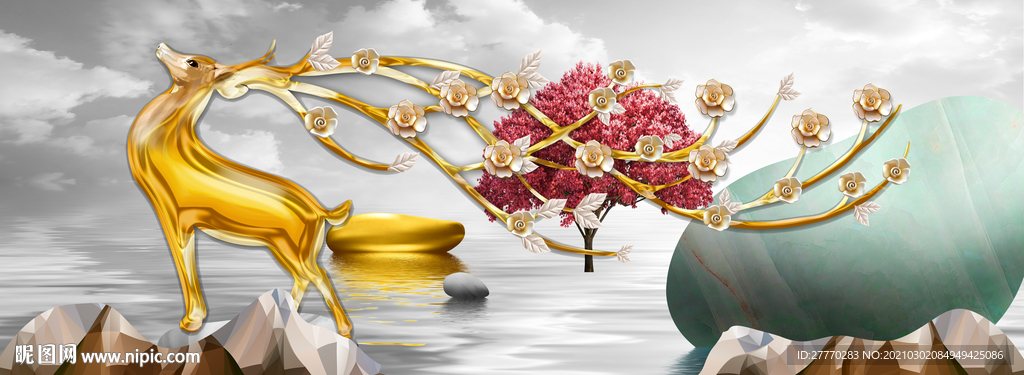 麋鹿中式山水装饰画