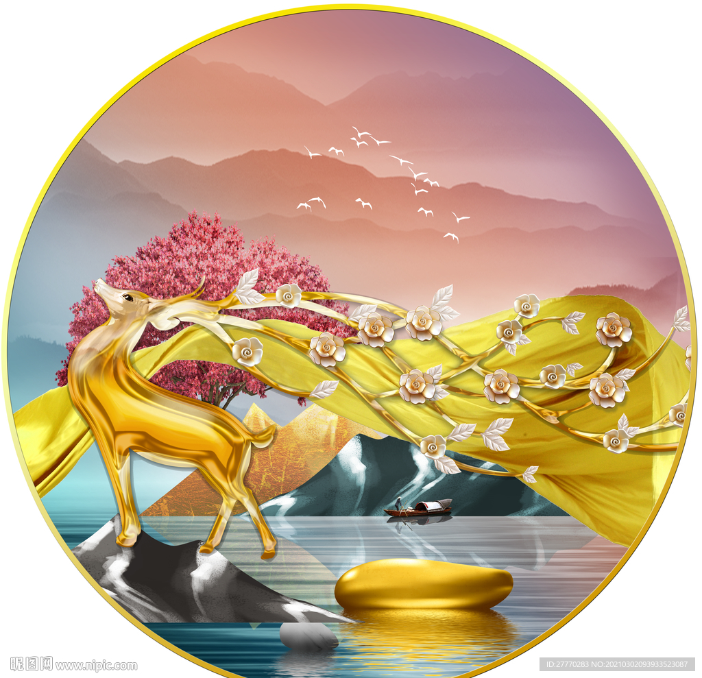 中式麋鹿石头圆形画