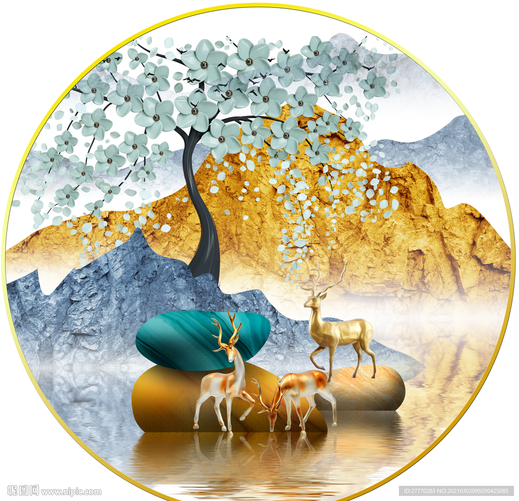 麋鹿发财树装饰画