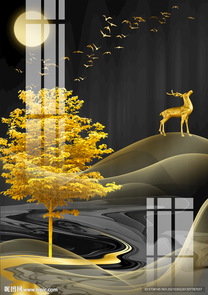 轻奢富贵麋鹿富贵树玄关电视背景