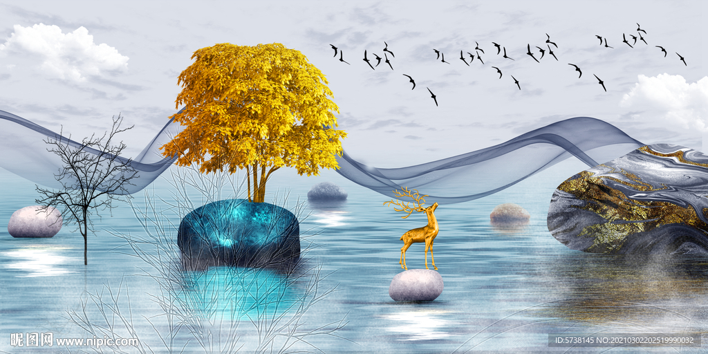 新中式蓝色水墨装饰画玄关电视背