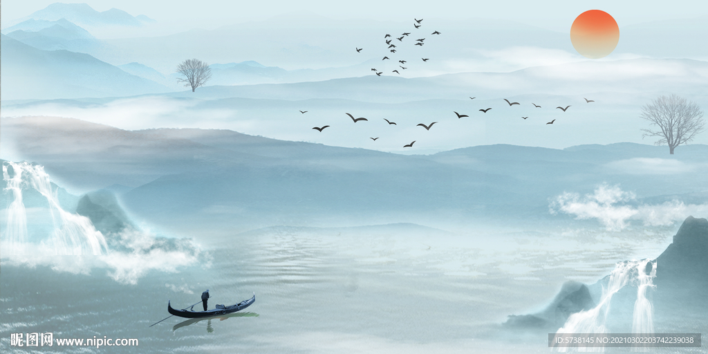 中式水墨山水蓝色装饰画玄关电视