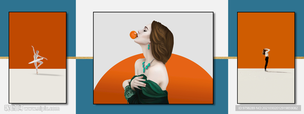 绘女性抽象几何美女人三联装饰画