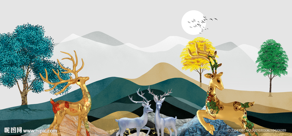 立体麋鹿山水画