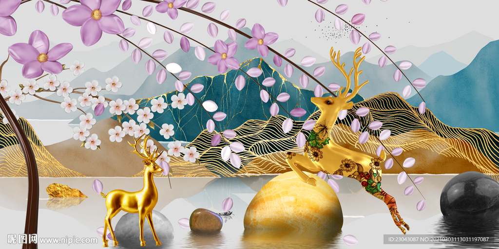 麋鹿发财树立体装饰画