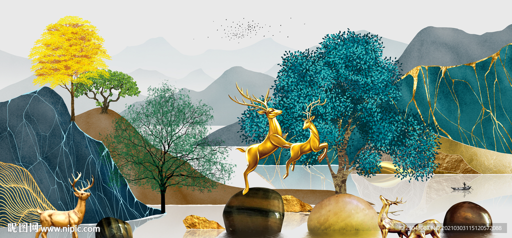 麋鹿石来运转山水画