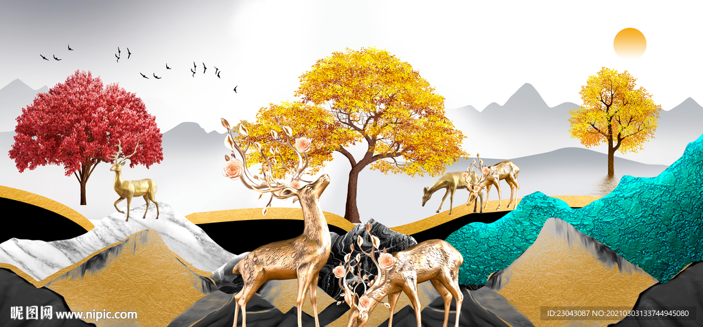 麋鹿中式山水画