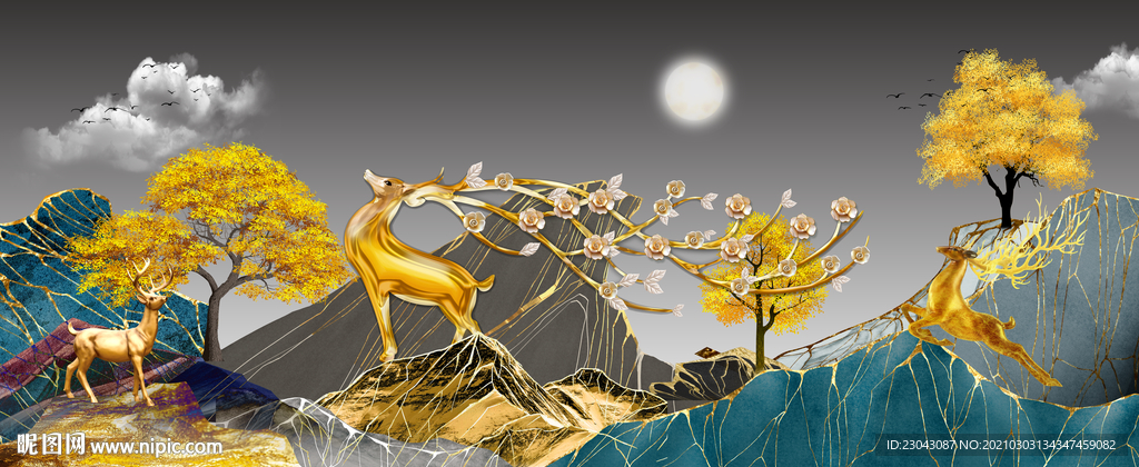 麋鹿发财树装饰画