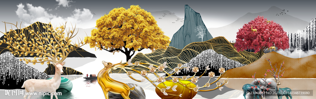 山水麋鹿装饰画