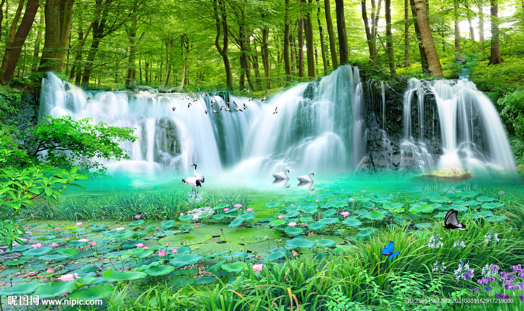 绿阴荷花流水风景背景墙