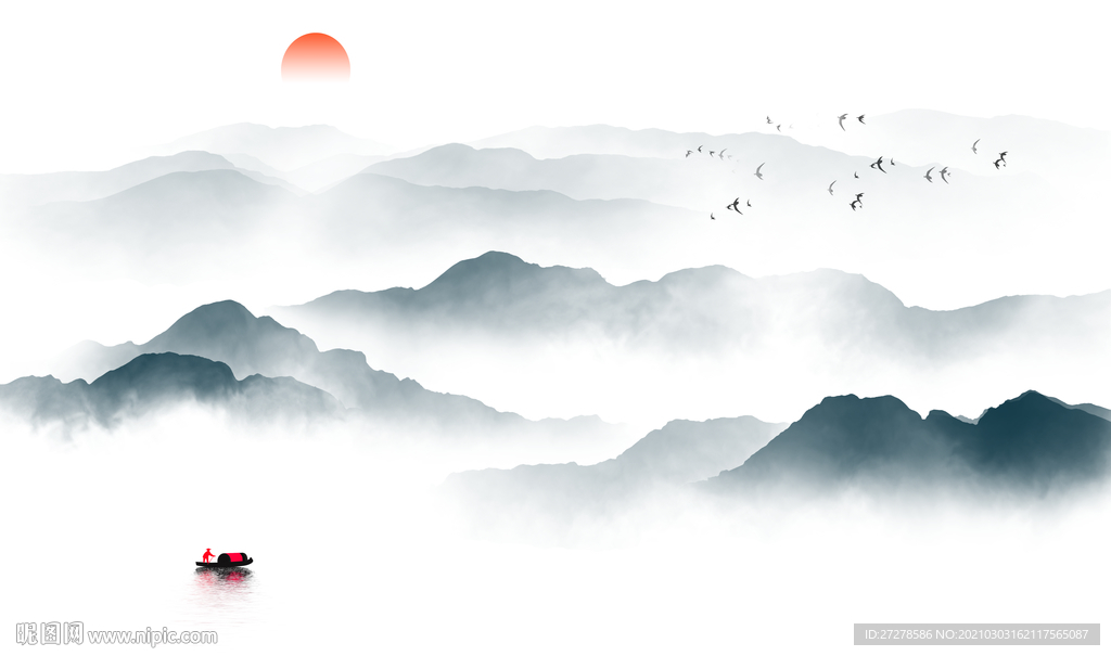 新中式古代水墨山水国画壁画