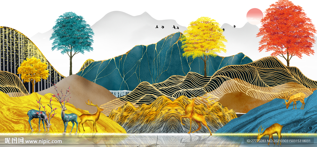 立体山水麋鹿装饰画