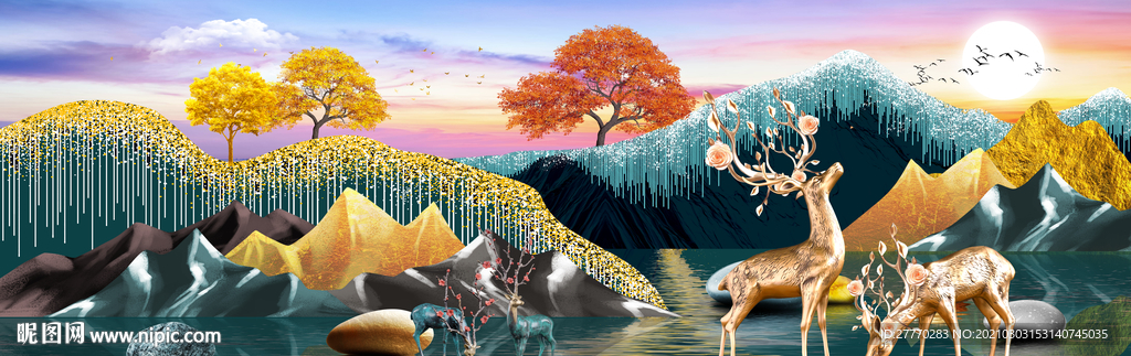 立体麋鹿山水画