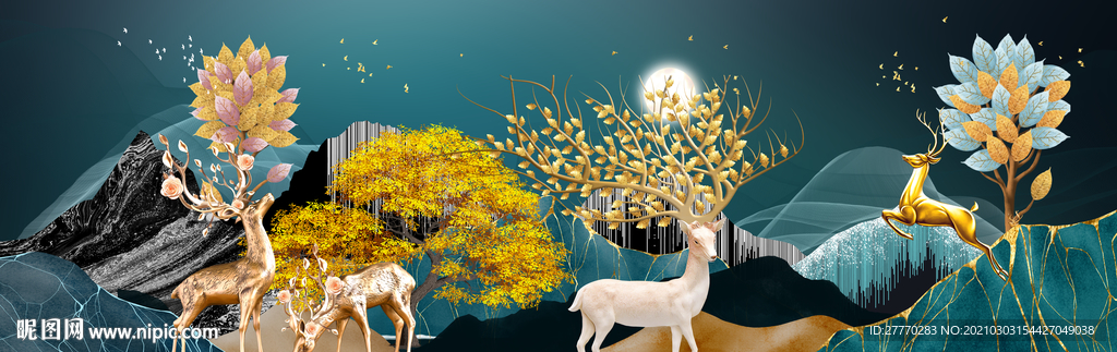 线条山水麋鹿装饰画