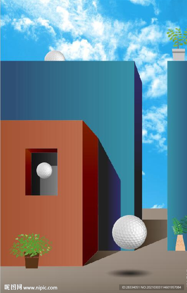 现代北欧3D建筑空间玄关装饰画