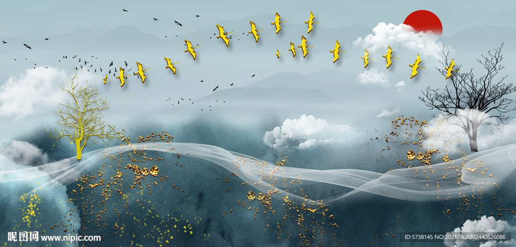 蓝色中式水墨山水装饰画玄关分画