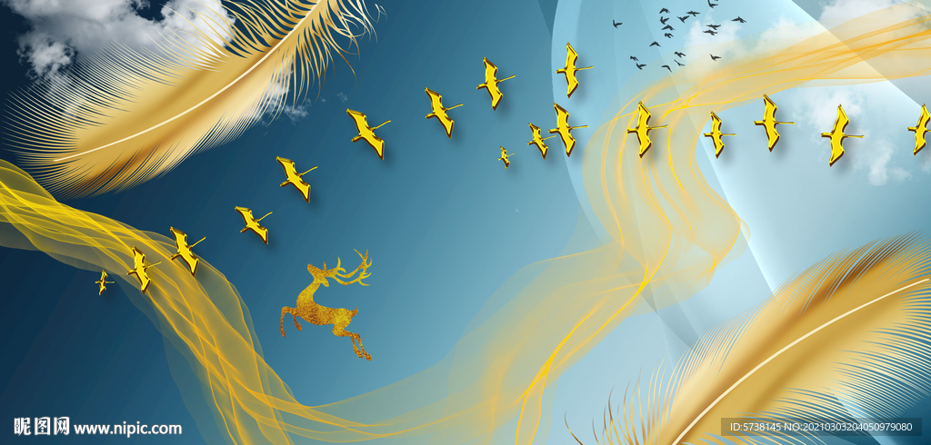 轻奢富贵蓝天飞鸟羽毛玄关装饰画