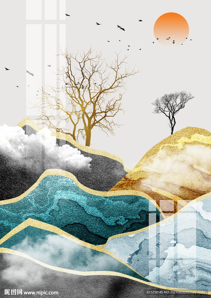 轻奢山水抽象装饰画富贵玄关电视