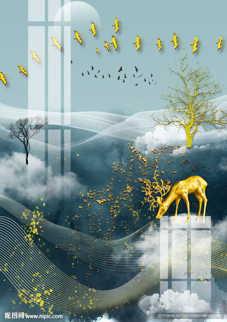 中式水墨麋鹿山水装饰画玄关电视