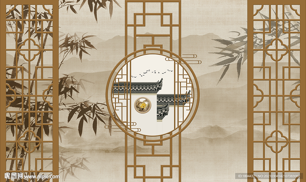 中式边框竹报平安电视背景墙