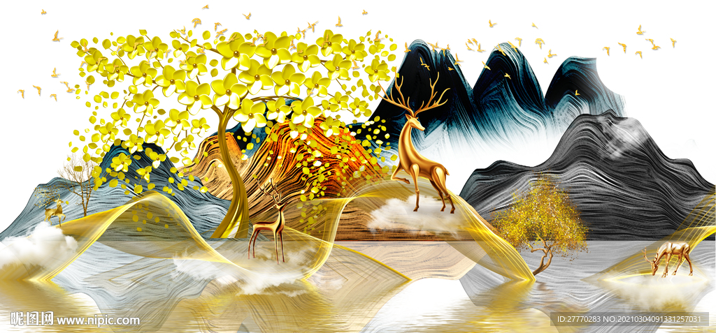 浮雕立体麋鹿山水画