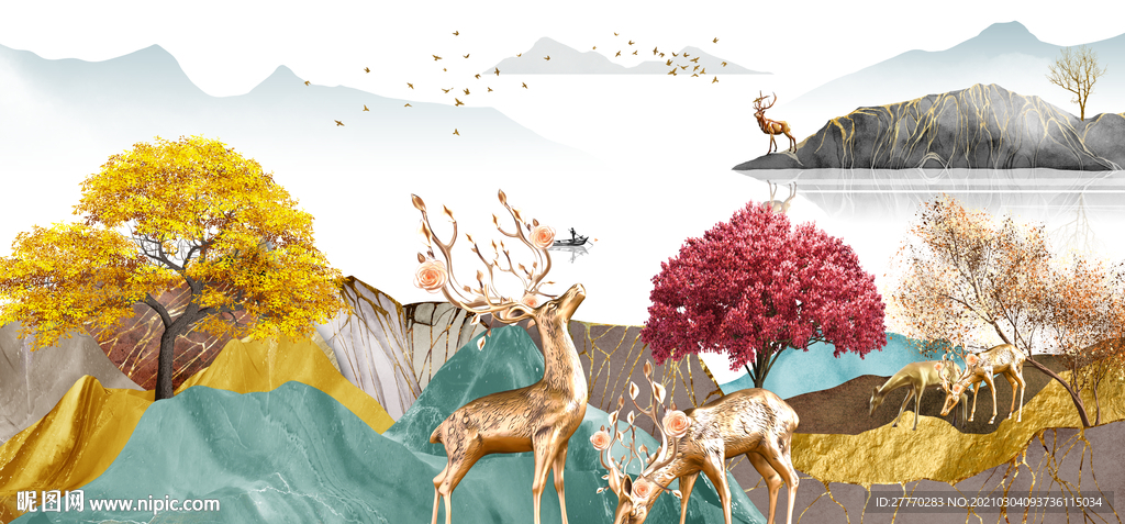 立体麋鹿发财树三联画