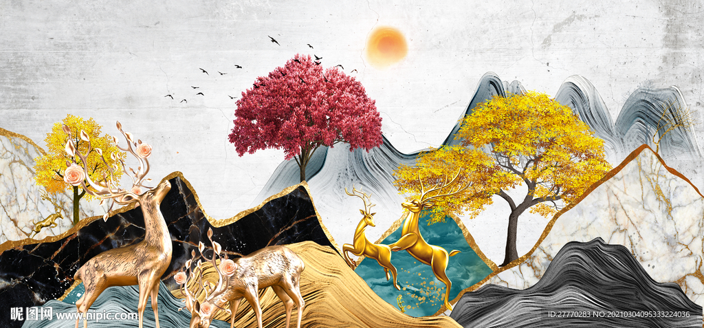 麋鹿发财树装饰画