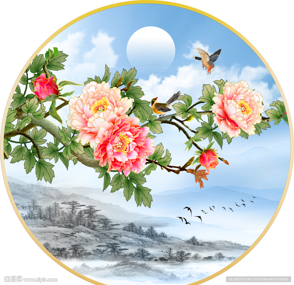 牡丹花圆形挂画