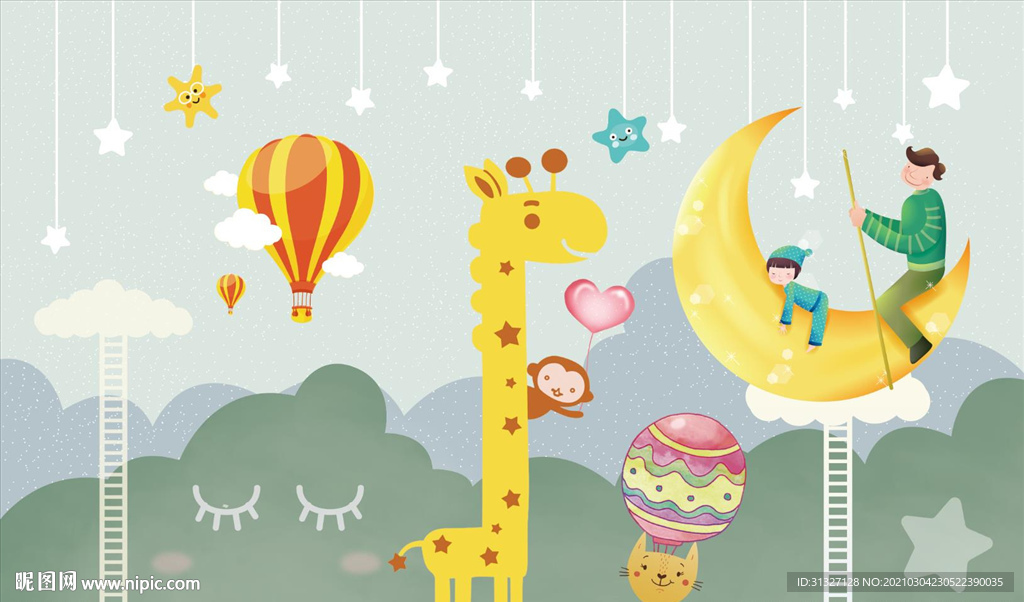 卡通月亮星星儿童房背景墙图片