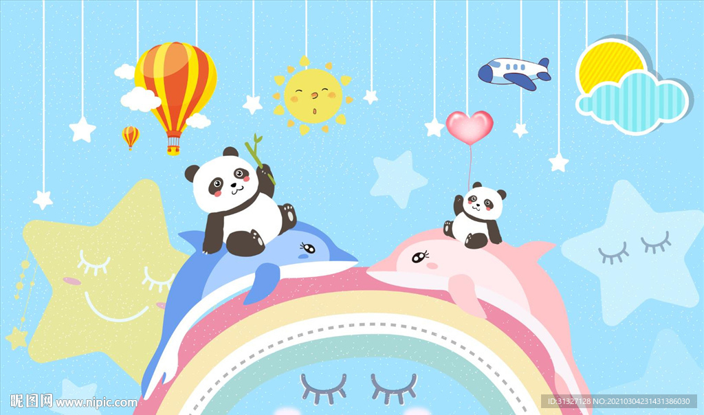 卡通可爱熊猫彩虹背景图片