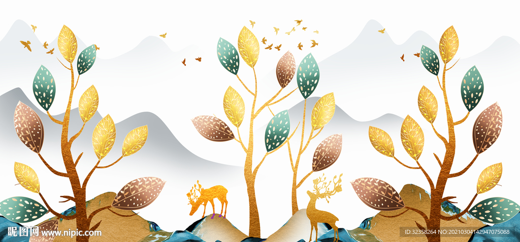 麋鹿树叶装饰画