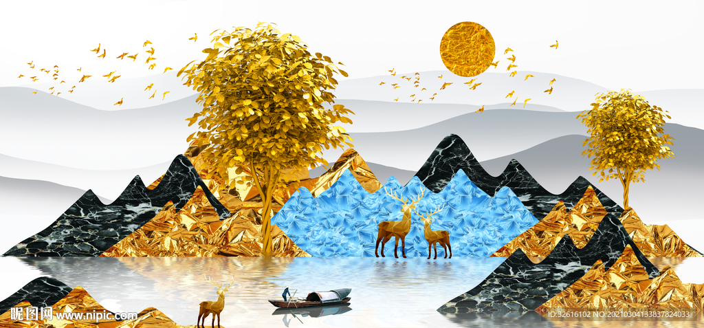 金色山水画玄关