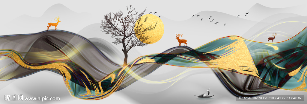 抽象意境丝带麋鹿山水玄关