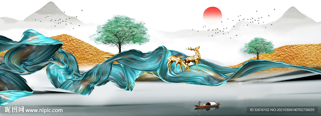 麋鹿绸带晶瓷画