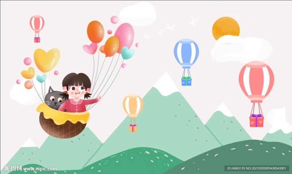 北欧卡通儿童房间热气球壁画