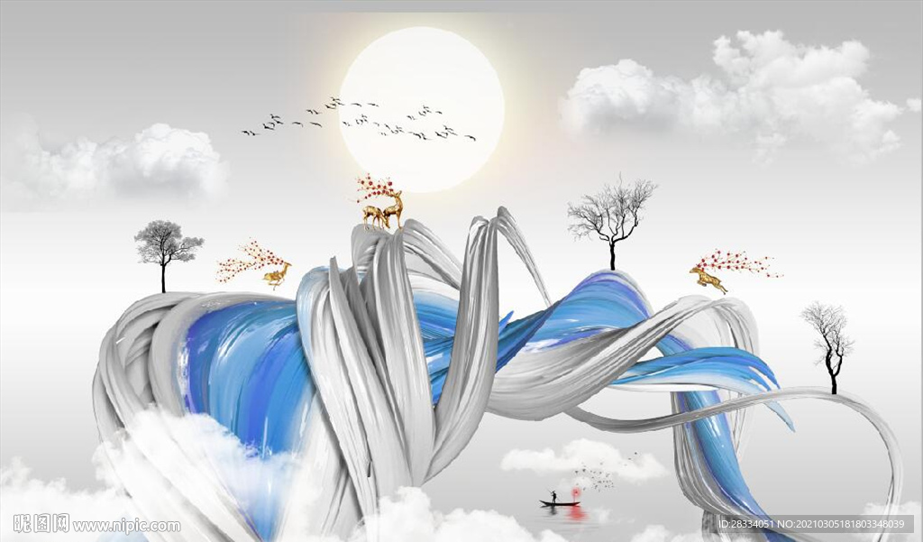 新中式抽象飘带山水风景背景墙