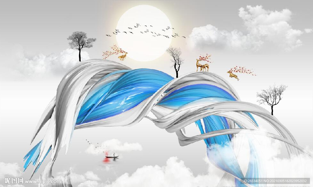 新中式抽象飘带山水风景背景墙