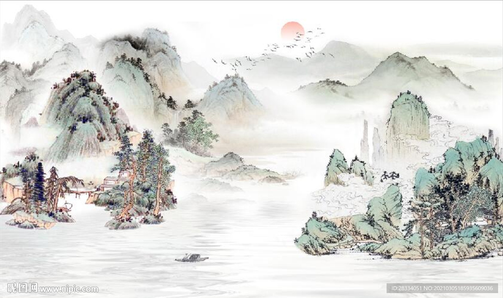 新中式千里江山水墨国画背景墙