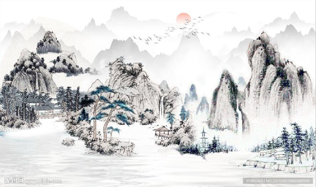 新中式水墨山水风景国画背景墙