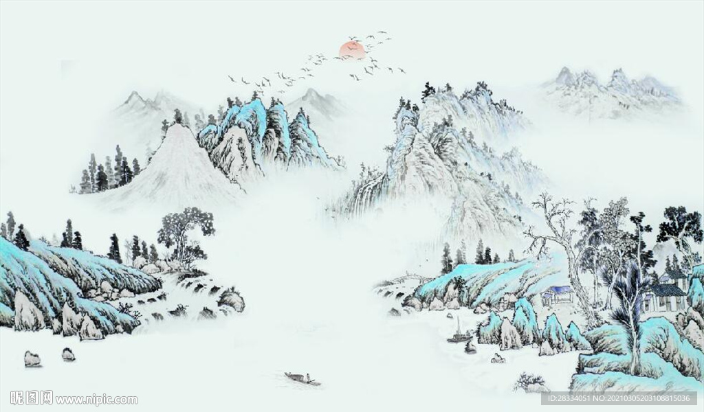 新中式千里江山水墨国画背景墙