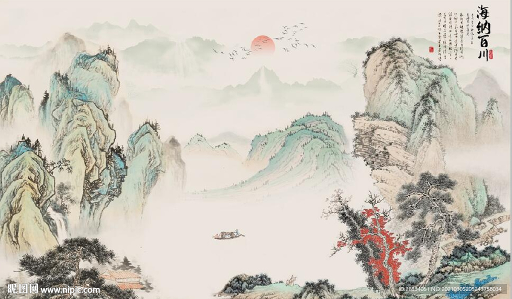 新中式千里江山水墨国画背景墙