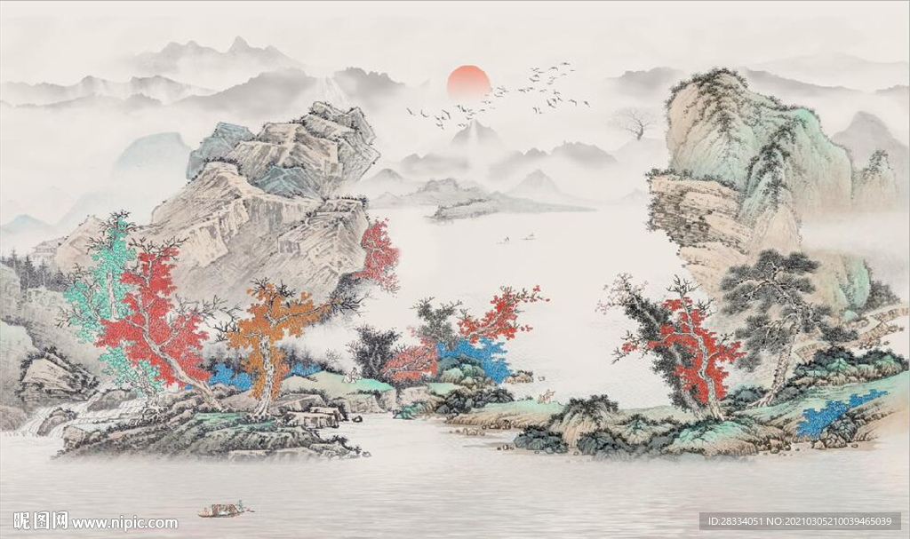 新中式水墨山水风景国画背景墙
