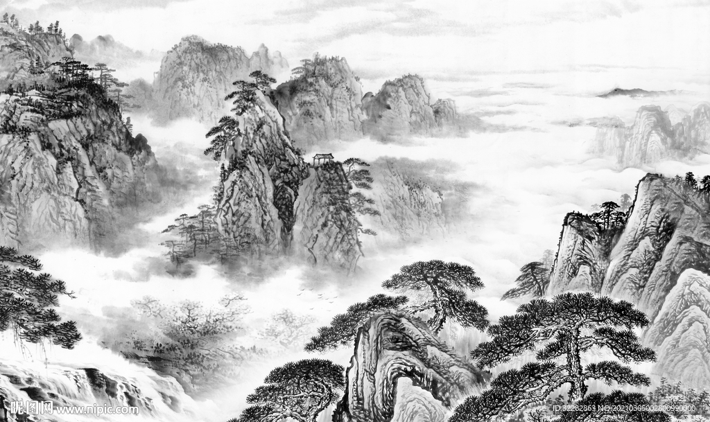 大卖山水画背景墙 文件分层