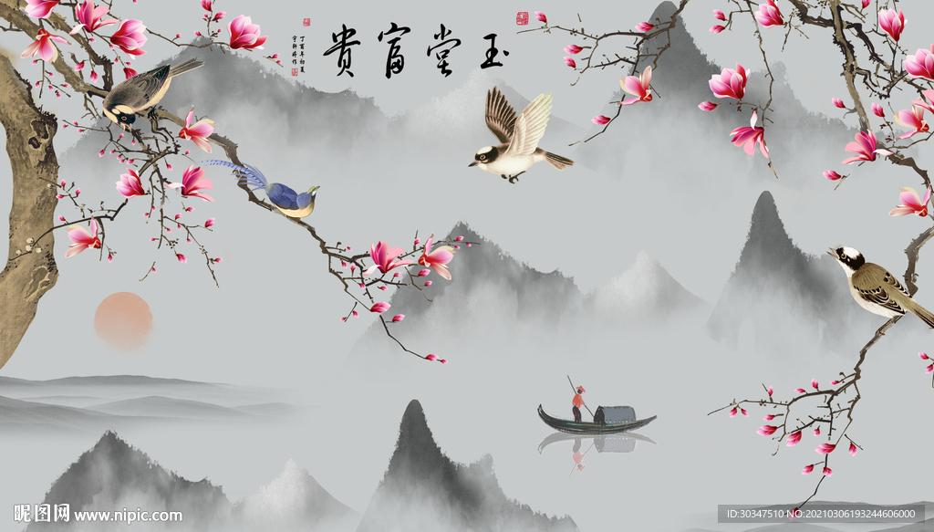 山水花鸟画墙纸