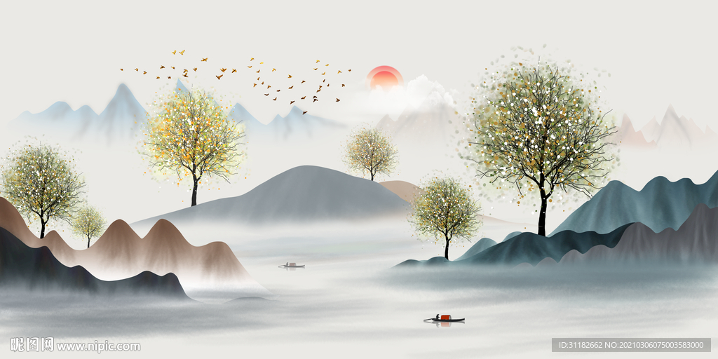新中式山水三联画