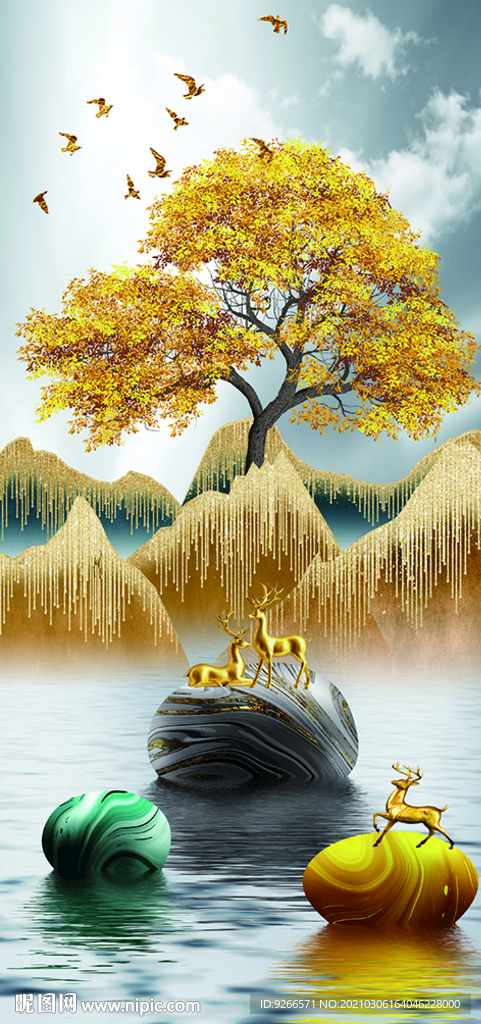 石来运转麋鹿玄关晶瓷画装饰画