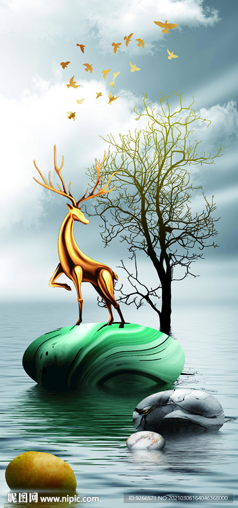 石来运转麋鹿玄关晶瓷画装饰画